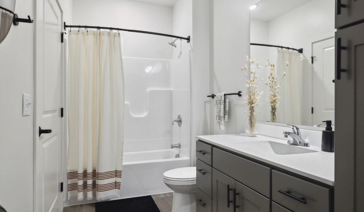 Modern bathroom with white walls, a bathtub with a shower curtain, toilet, and a countertop with a sink and decor.