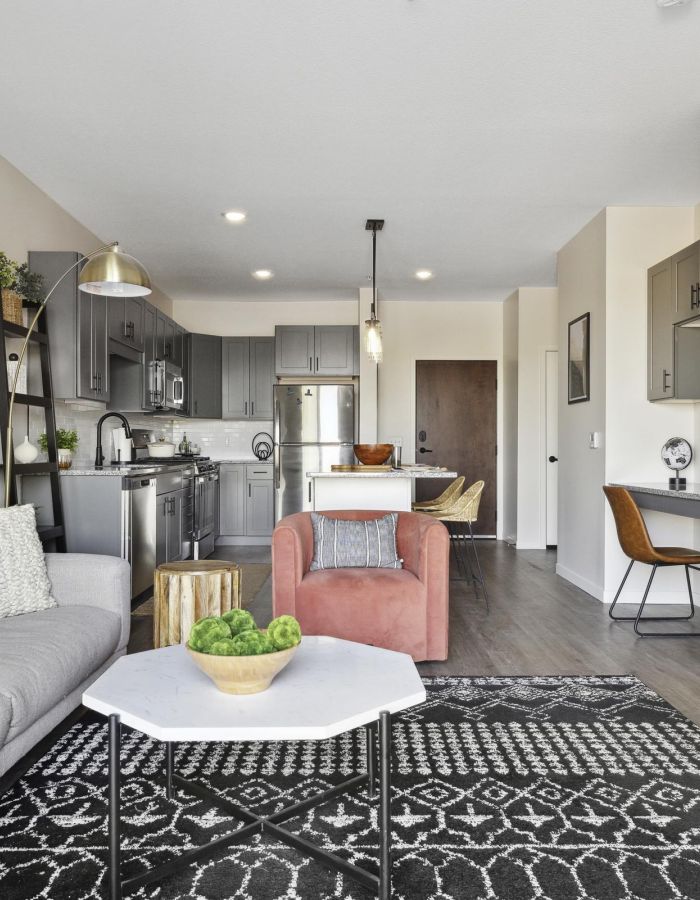 Modern open-concept living room and kitchen with stylish decor and neutral-colored furniture.