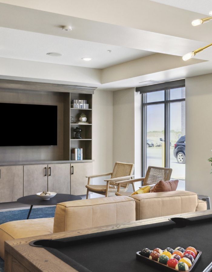 Modern lounge with a pool table, sofa, TV, shelves, large window, chairs, and a contemporary light fixture.